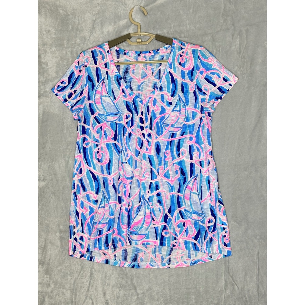 Lilly Pulitzer Womens Etta V-Neck T-Shirt Medium Nautical Anchor Sailboat Preppy